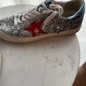 Silver Glitter Sneakers with Red Star